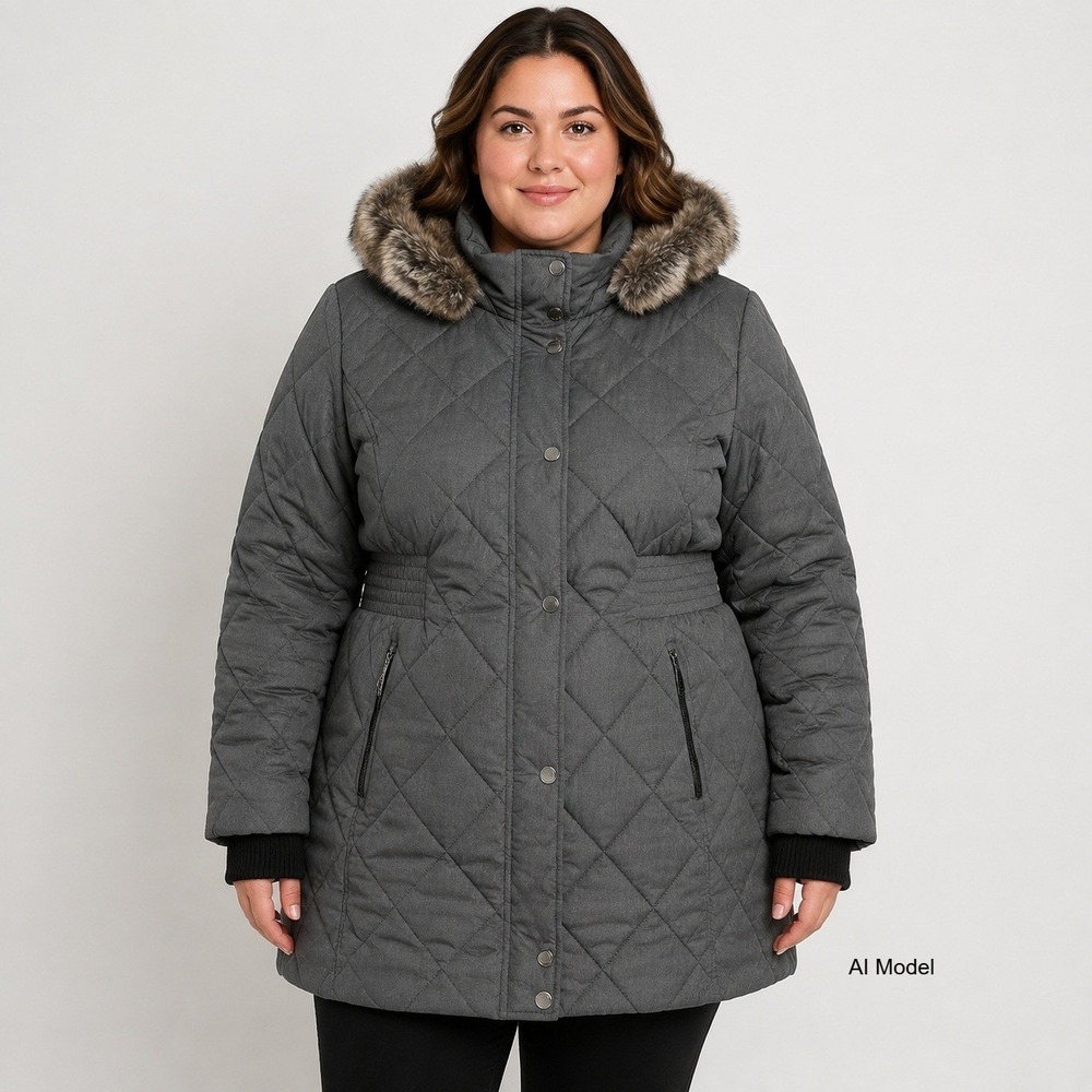 Quilted Puffer Coat Womens XL Gray Faux Fur Hood Cinched Waist Jacket APT 9